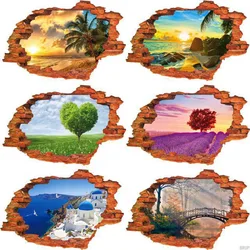 3D Broken Sunset Scenery Seascape Island Wall Sticker Living Room Bedroom Removable Backdrop Home Decoration Decals Art Stickers