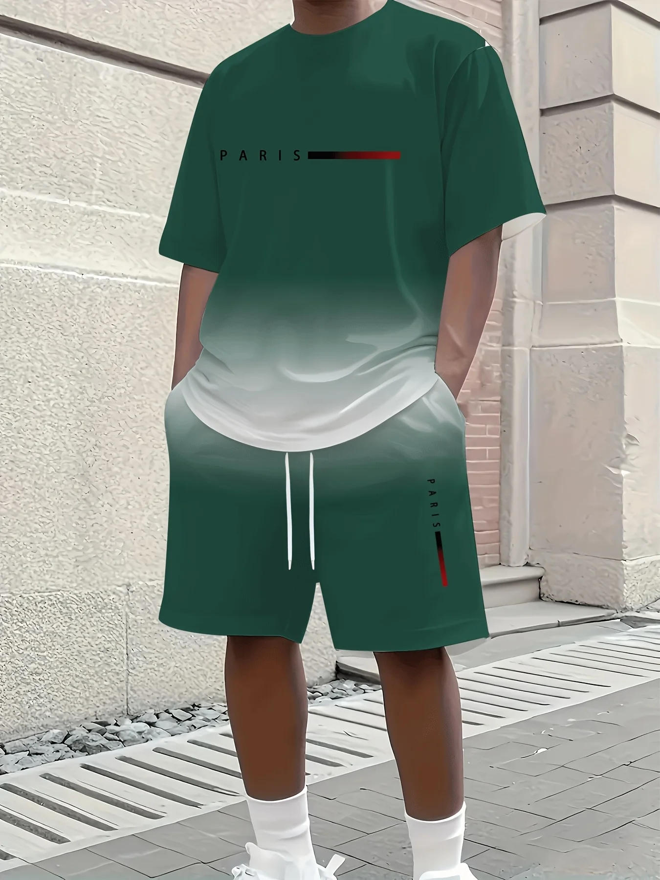 2025 Set di due pezzi con stampa sfumata minimalista alla moda dei nuovi uomini T-shirt girocollo e pantaloncini Streetwear e sport all'aria aperta