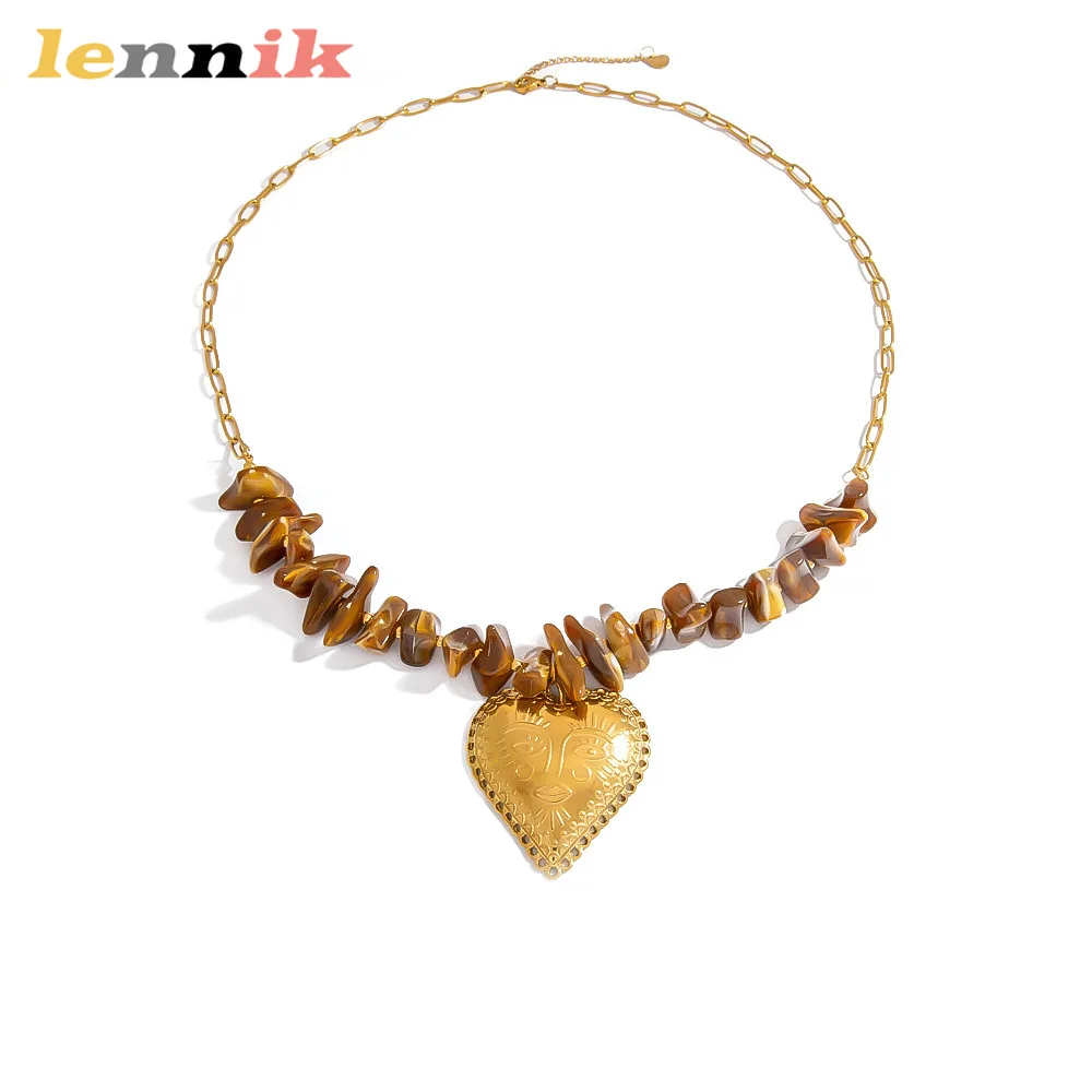 LENNIK الراقية قلادة قلادة، الفولاذ المقاوم للصدأ التيتانيوم الصلب، قلادة القلب العنبر، الخريف الشتاء ضوء المجوهرات الفاخرة