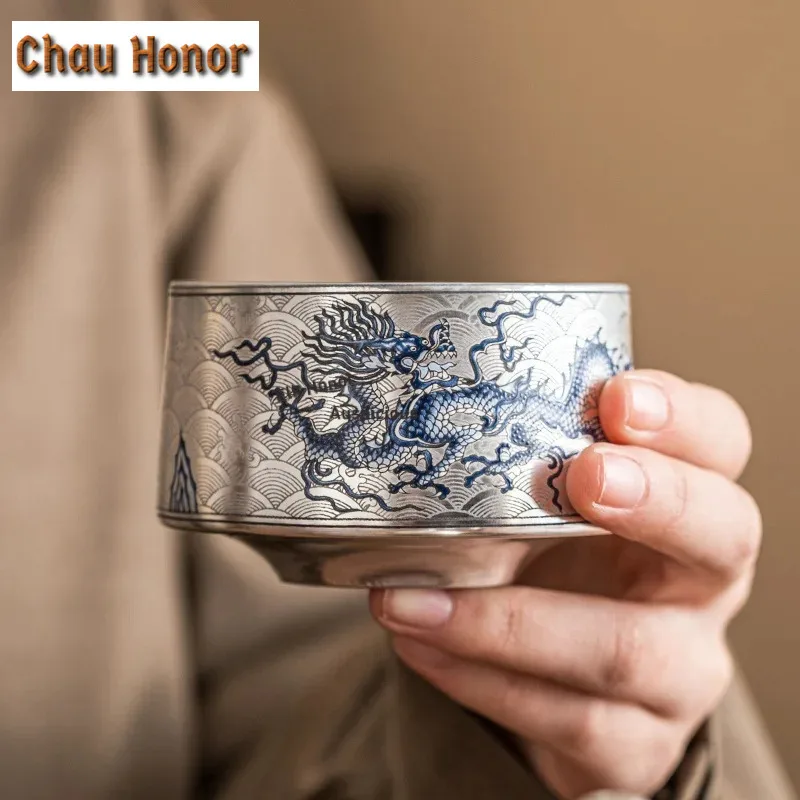 120ml High End Silver Plated Ceramic Teacup Blue and White Dragon Pattern Master Cup Chinese Jianzhan Kung Fu Tea Utensil Gifts
