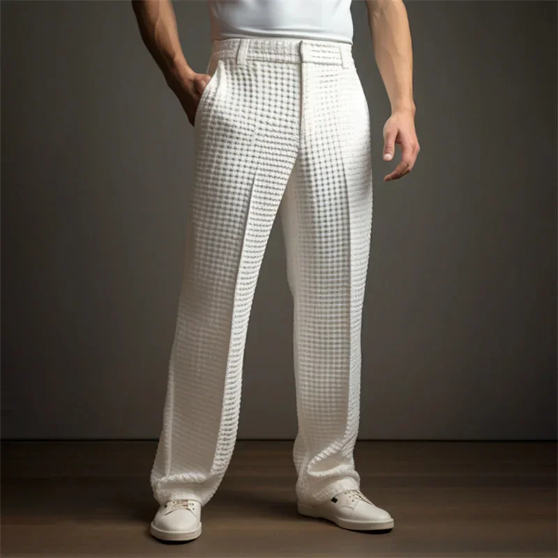 Fashion Male Business Clothes Pants Men's Solid Color Simple Basic Casual Trendy Straight Wide Leg Waffle Trousers Four Seasons