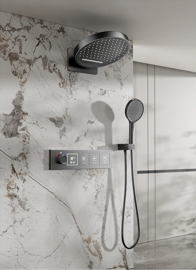 Concealed shower head, all copper waterfall, flying rain embedded, pre embedded, hot melt button, digital display