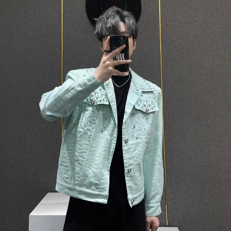 Men's 2025 Retro Denim Jackets Men's Niche Beaded Decorative Fashion High-end Denim Coats Trendy Male Long Sleeve Denim Jacket