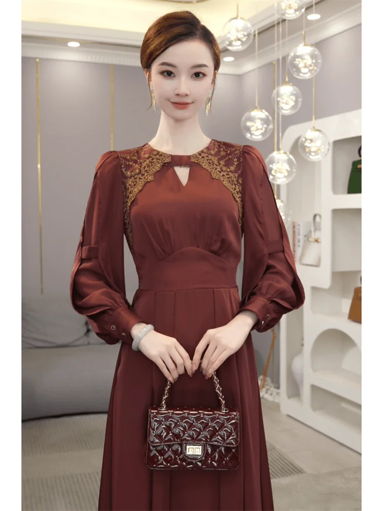 

Ele Red Dr Formal Ocn Women's Faion Long Skirt Polyester Fiber round Ne Long Sve Spring Autumn New Sle