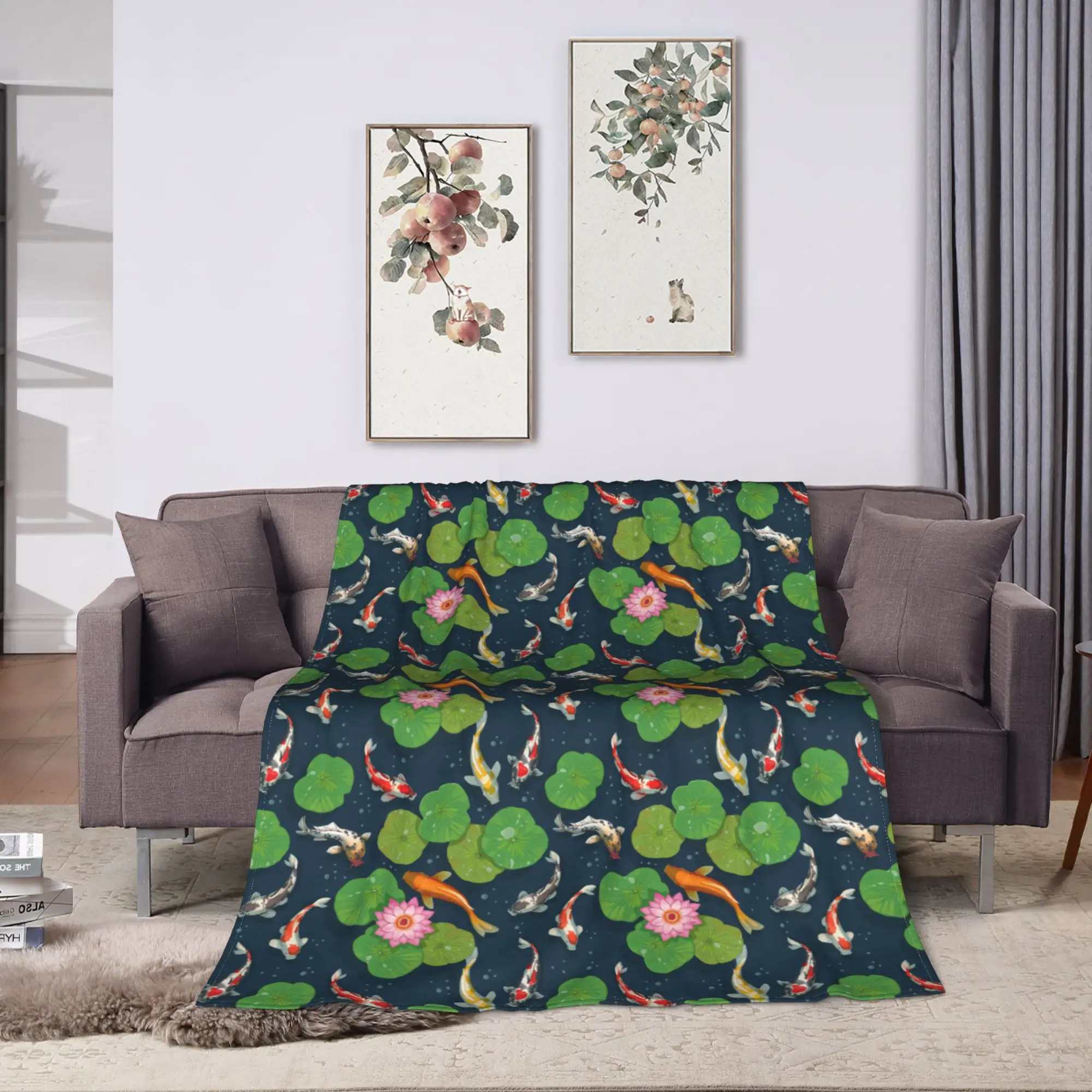 Koi Fish & Water Lily Pattern Blanket Soft  Bedding Throws Winter Girl Outdoor Camping Bedspread