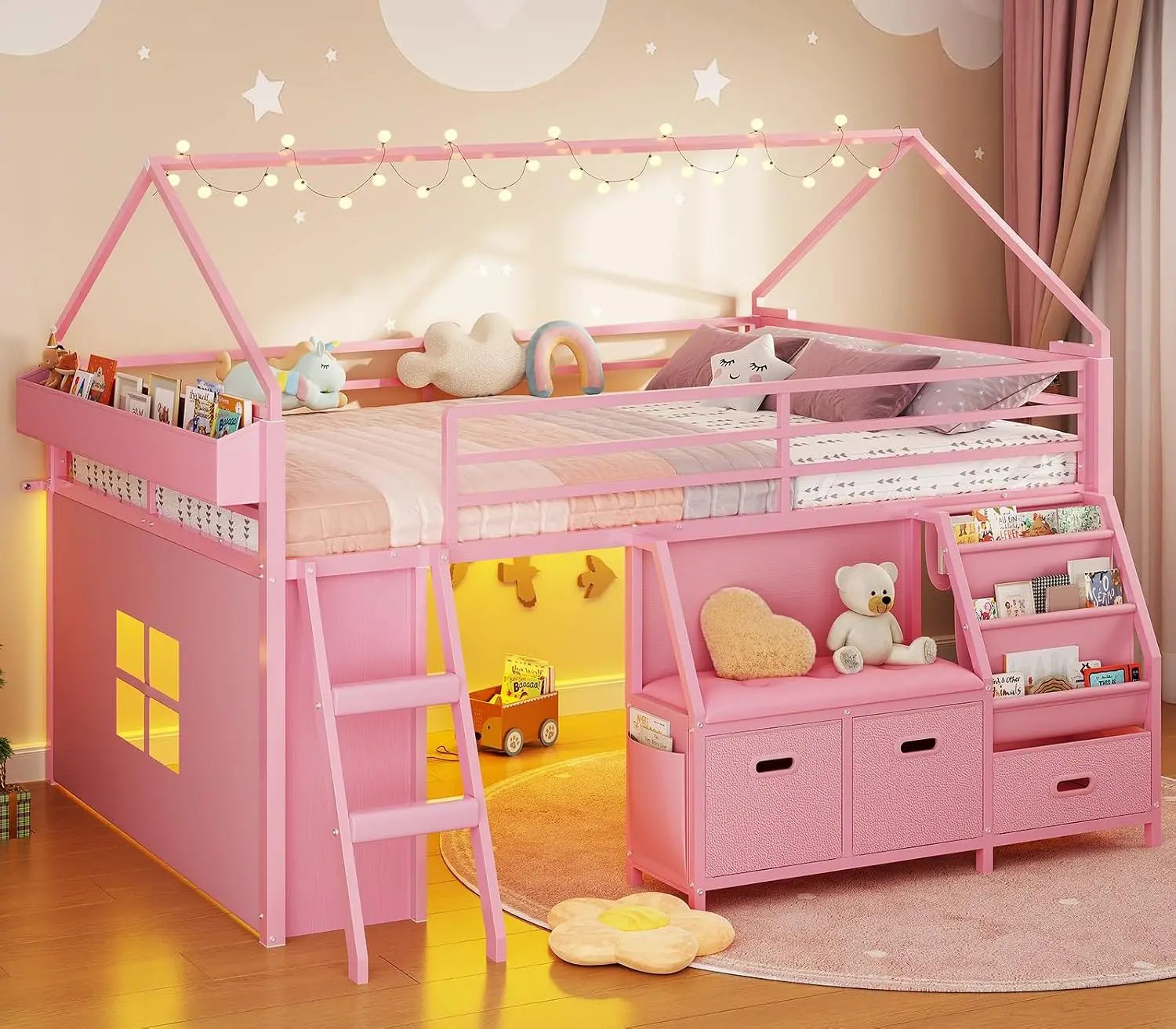 Full Low Loft Bed Bookshelf Reading Nook Three Drawers Pink Kids Bed LED Light Storage Under Bed Play Space Safety Guardrail Inc
