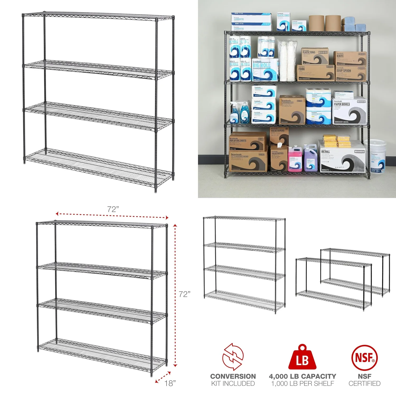 

72x18x72 4-Tier Wire Shelving Unit Adjustable Heavy-Duty Storage Rack for Garage Kitchen Warehouse, Customized