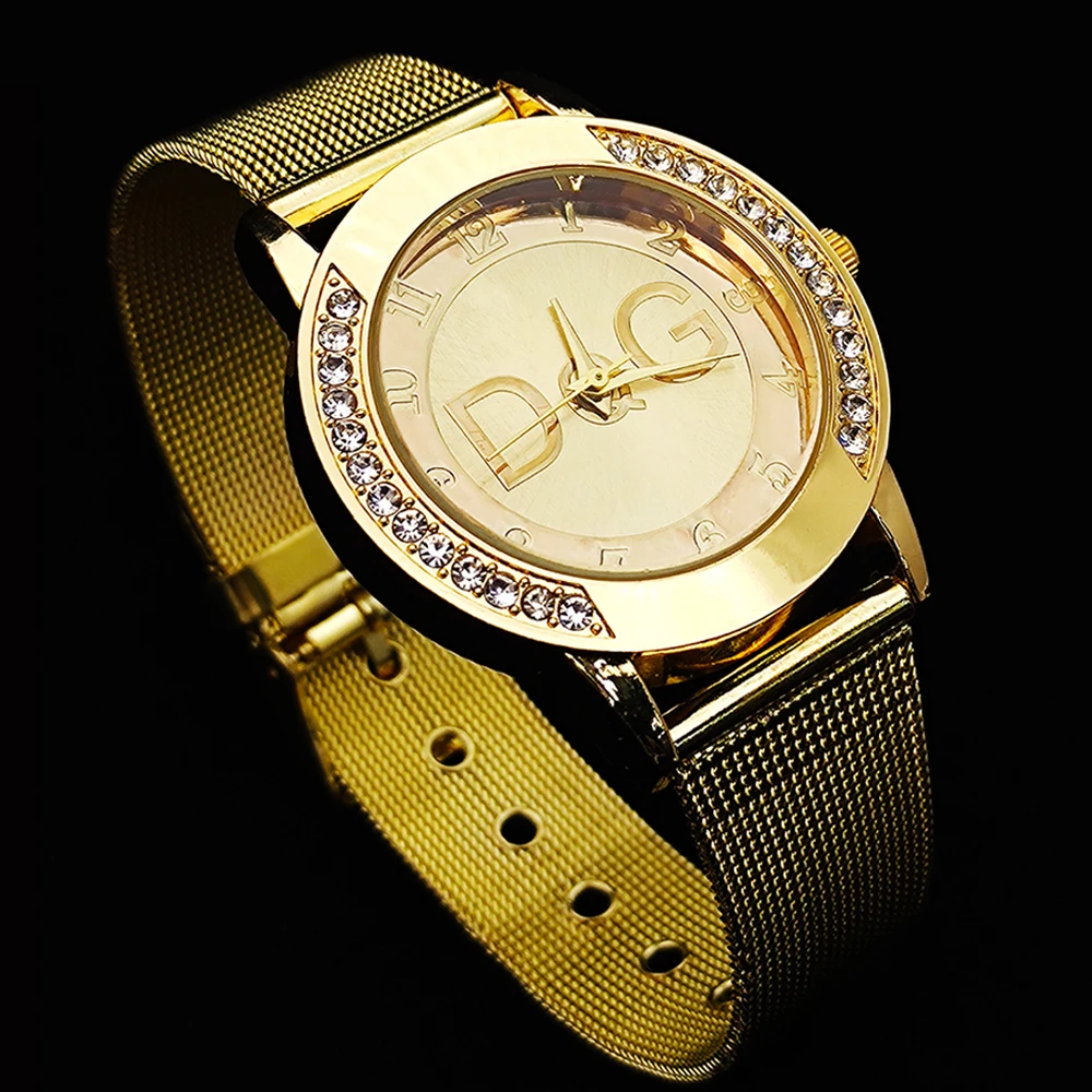 2023 Hete Verkoop Metalen Mode Horloge Vrouwen Luxe Merk Dqg Crystal Quartz Horloge Reloj Mujer Casual Rvs Man Klok
