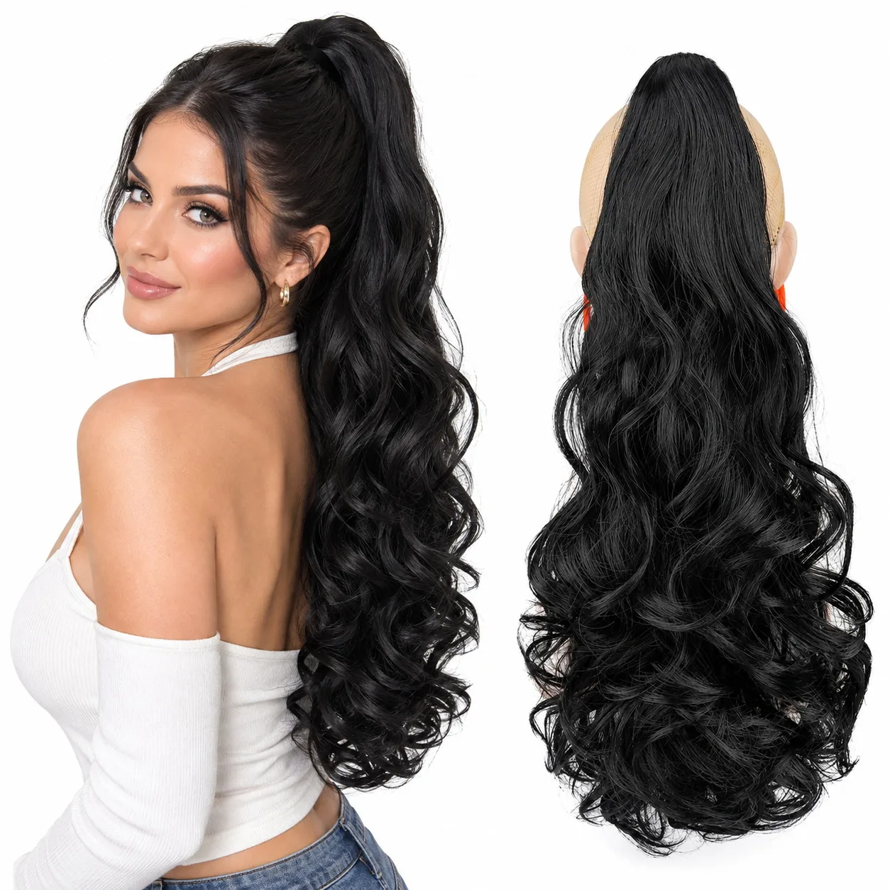 22 Inch Long Wavy Ponytail Extension Claw Clip Voluminous Natural Looking Matte High Temperature Fiber Hairpiece Easy Glam Style