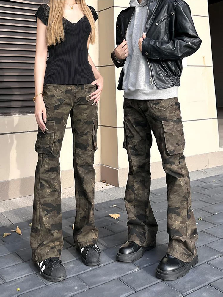 

Couples Straight Leg Slim Fit Jeans Women's Flared Workwear Trousers American Retro Camouflage Denim Pants Youth Faion
