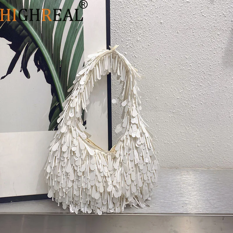 

Женская сумка ручной работы с блестками, повседневная женская сумка с кисточками, дизайн, элегантная тканая розовая сумка подмышками, большой кошелек для покупок для отпуска