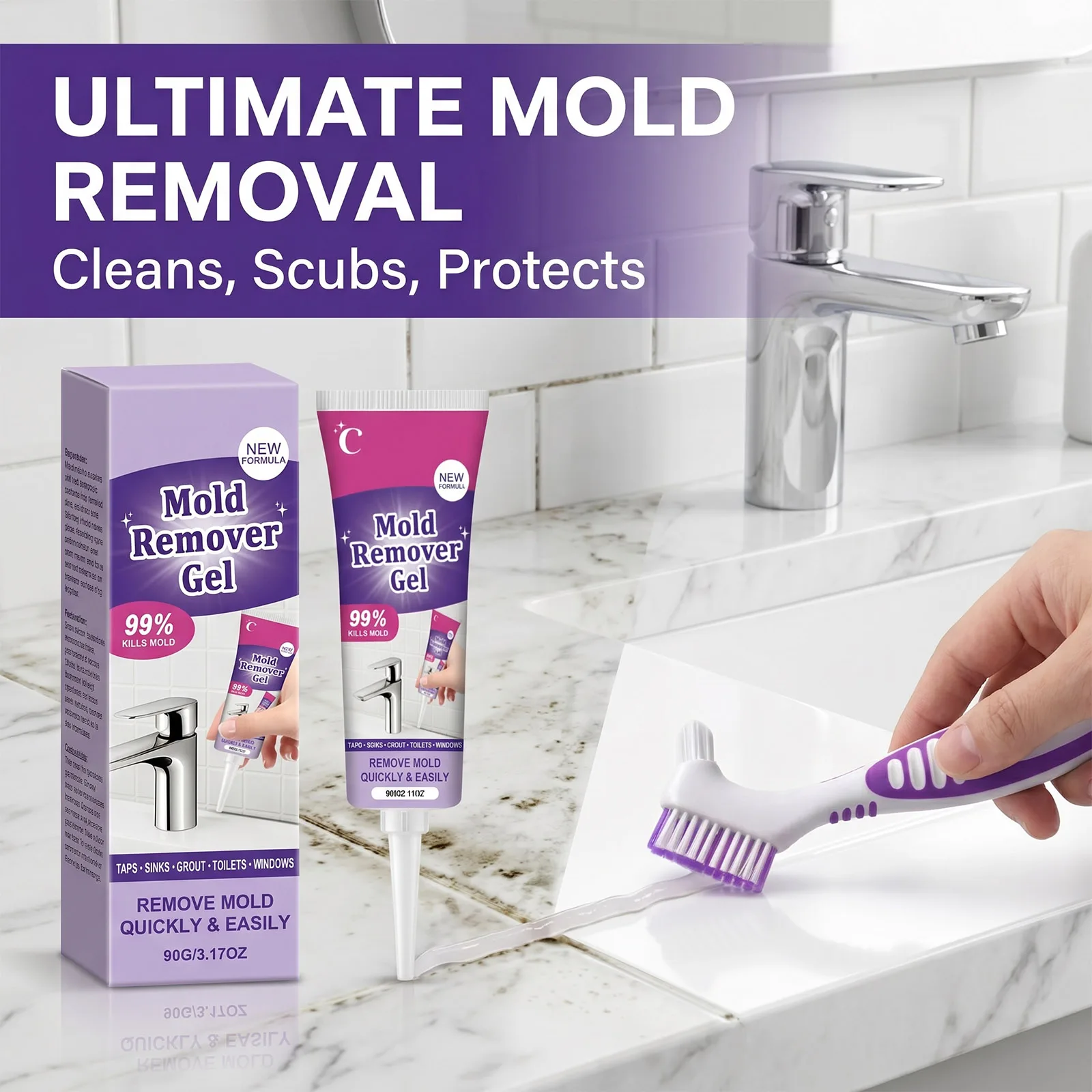 Multi Purpose Cleaning Gel Kit with Brush Precision Tip Tile Grout Crevice Seal Sink Toilet Mold Stain Remover Household Care