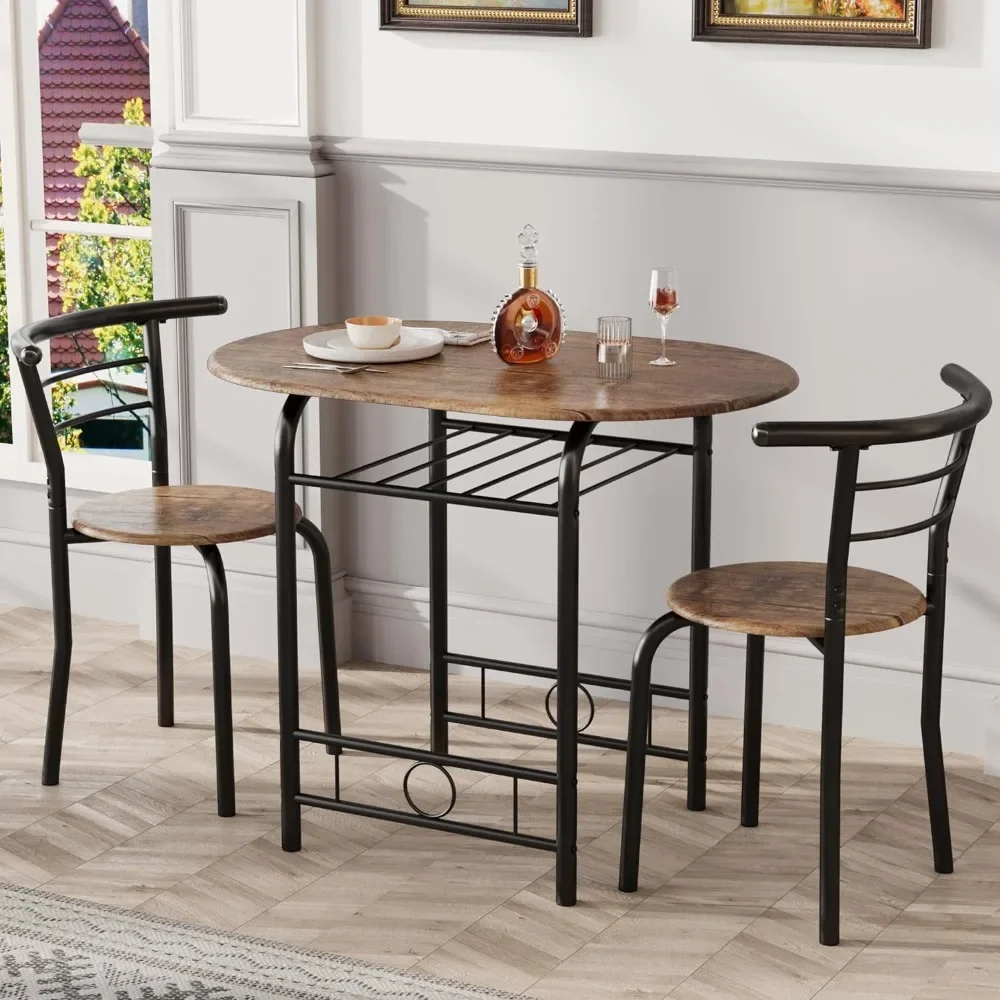 3Piece Wooden Round Table&Chair Set,Space Saving Wood Grain Tabletop With Metal Frame Built