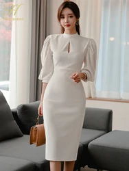 H Han Queen Gorąca wyprzedaż Jesienna moda Stójka Puff Sleeve Kobieca sukienka ołówkowa Bodycon Slim Solid color Midi Casual Dresses