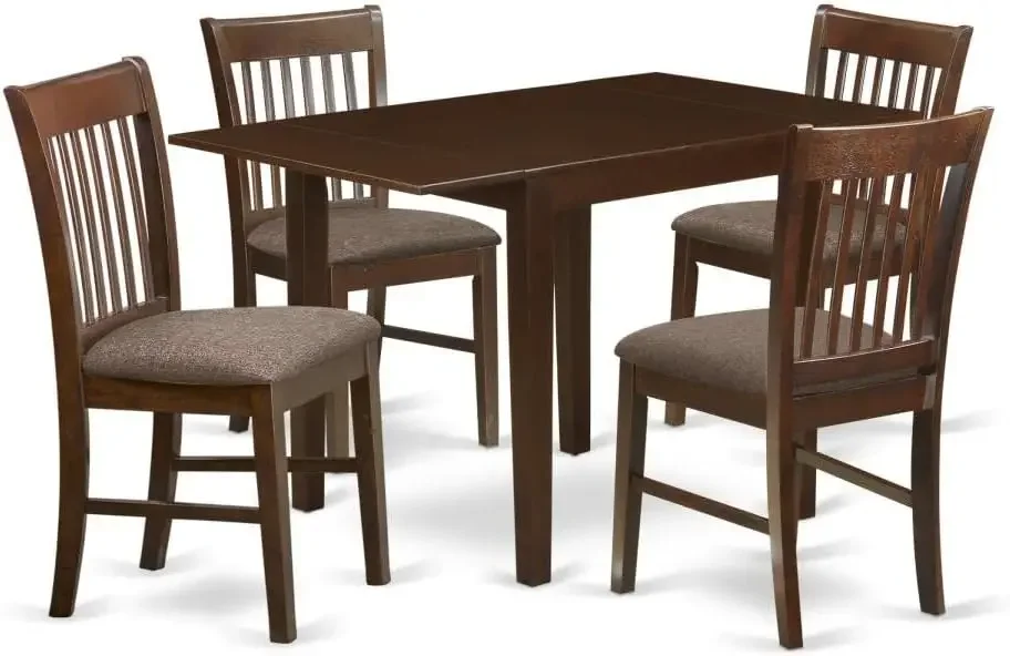 5 Piece Kitchen Set for 4 Includes a Rectangle Table with Dropleaf and 4 Linen Fabric Dining Room Chairs, 30x48 Inch, Mahogany