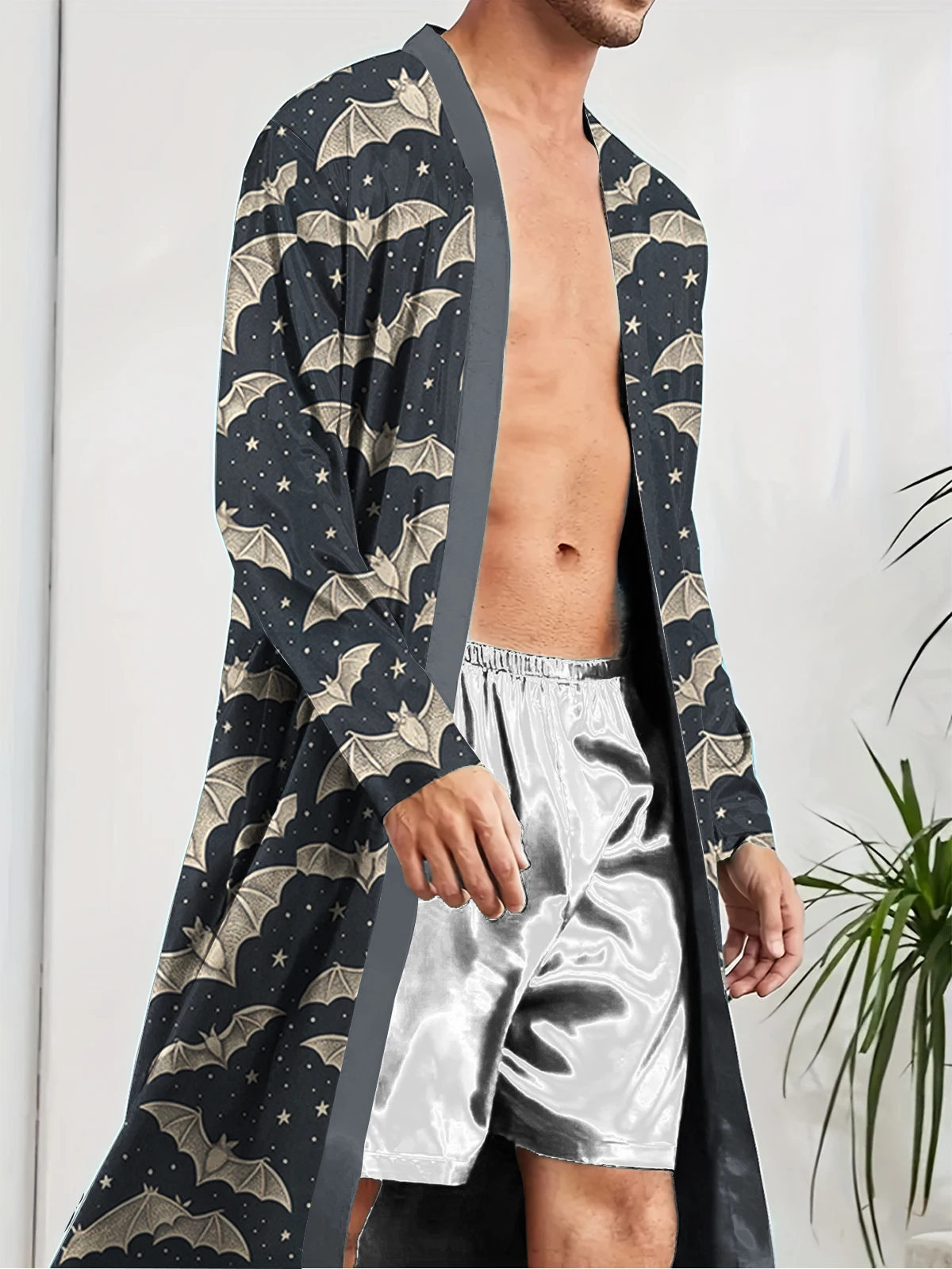 Spring and Autumn Men's Long Nightgown with Digital Printed Bat Pattern, A Comfortable Home Casual Bathrobe Men.
