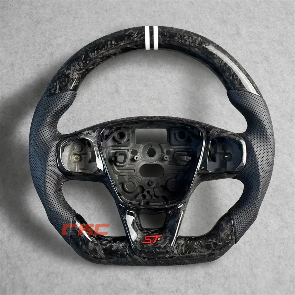 

Customized black Forged Carbon Fiber Perforated Leather white strip Steering Wheel for 2019 Ford ST