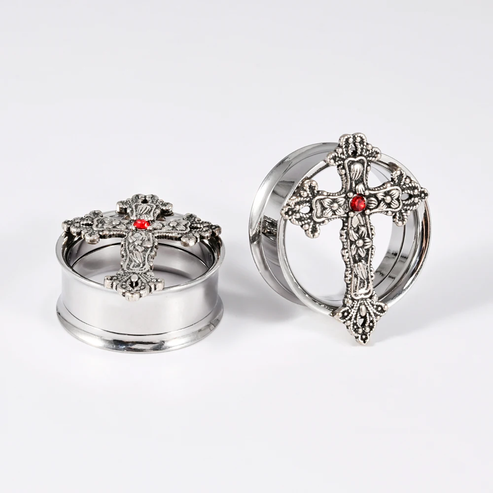 2-1 قطعة الفولاذ المقاوم للصدأ جولة القوطي كريستال الصليب الأذن مقاييس المقابس الأذن الأنفاق المتوسع نقالات ثقب المجوهرات للجنسين هدية #2