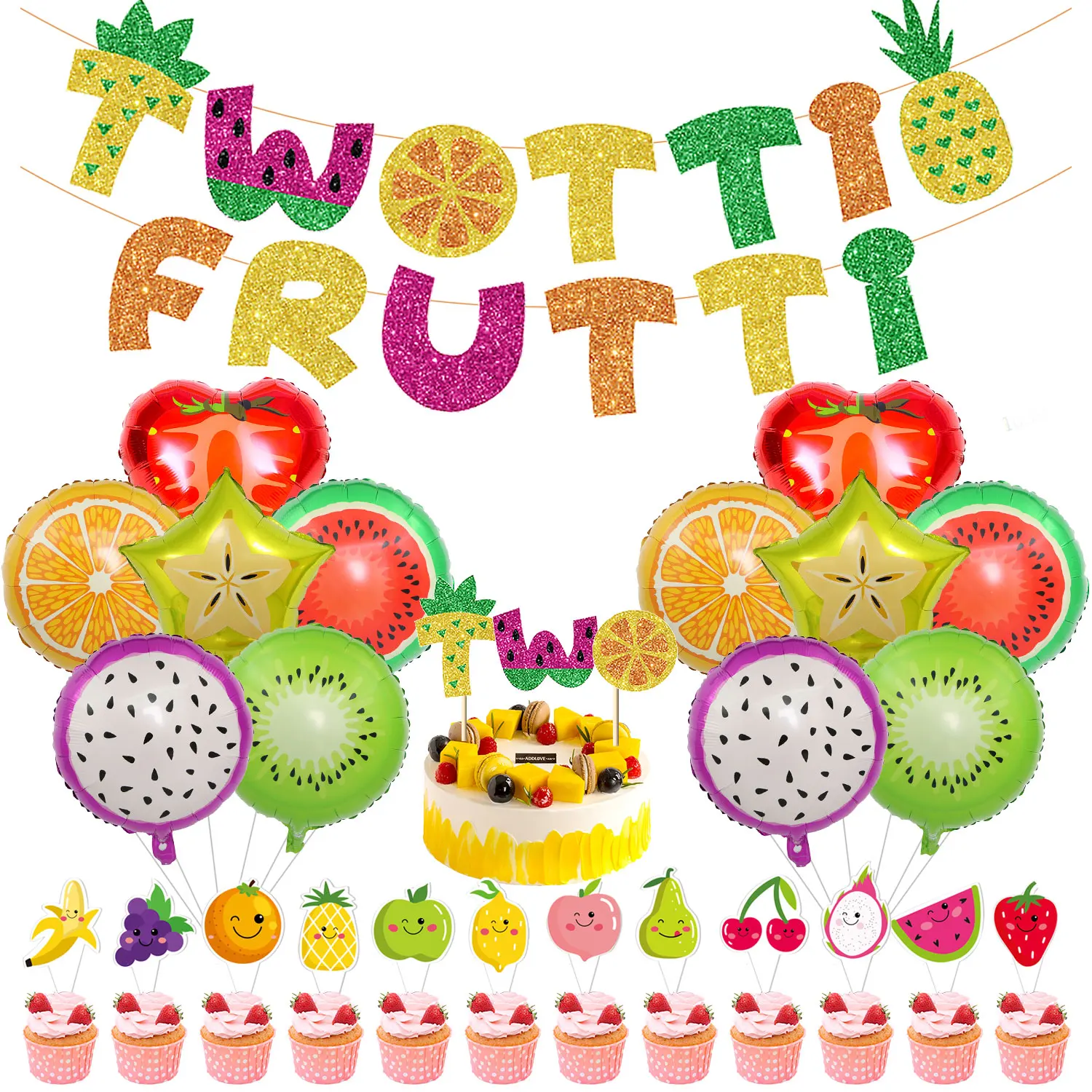 

Twotti Frutti 2nd Birthday Decorations Fruit Themed Party Supplies Glitter Twotti Frutti Banner Fruit Cake Toppers Balloons Kit