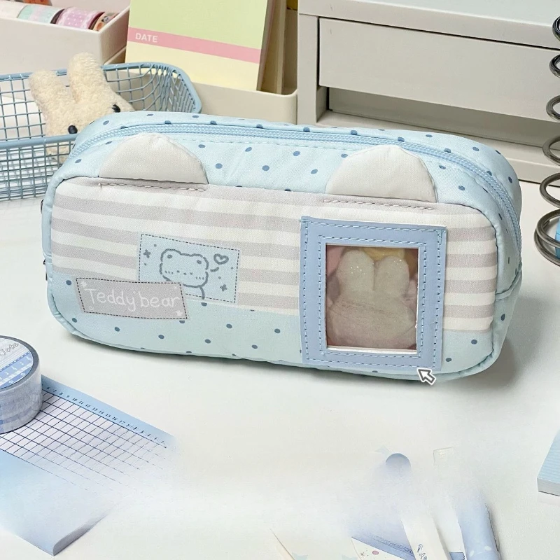 Japanese Style Blue Bear Pencil Case Large Capacity With Clear Visible Window Aesthetic Cartoon Stationery Storage Bag