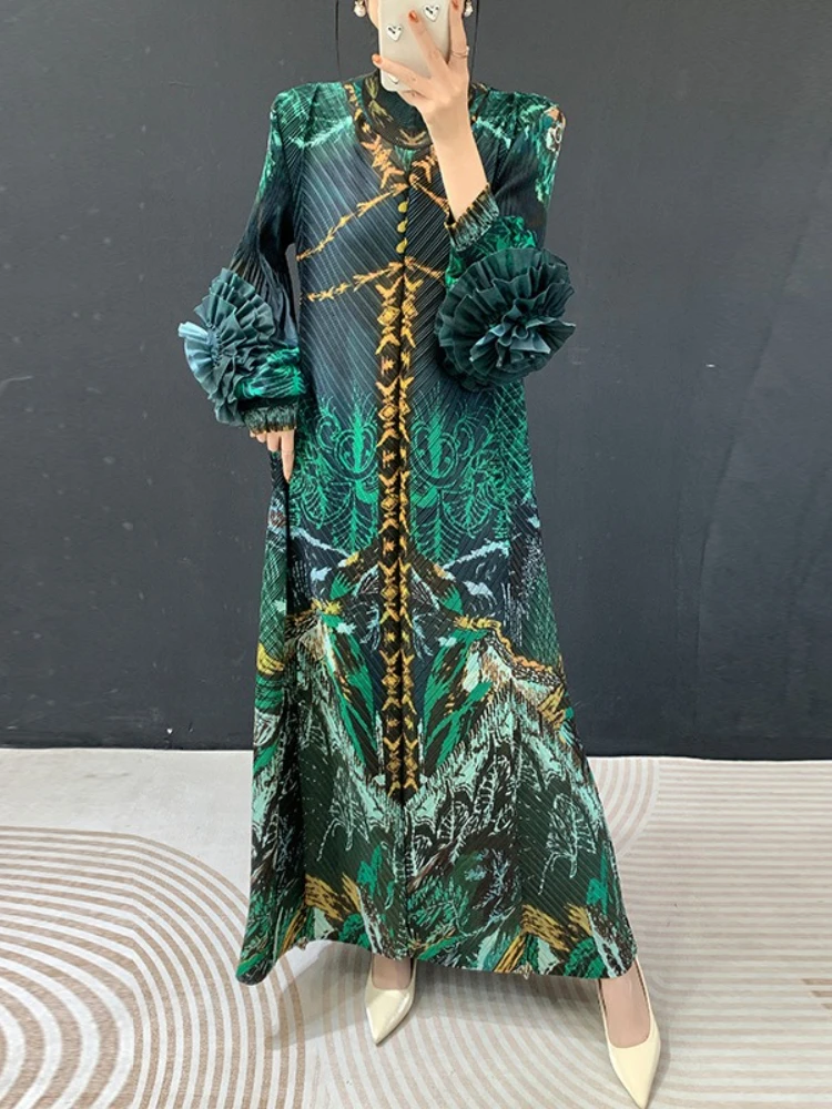 ANLAN Luxury Miyake Pleated High Neck Maxi Evening Dress Ruffle Sleeve Women's Wedding Guest Ramadan Party Dress 2026 New 5A9103