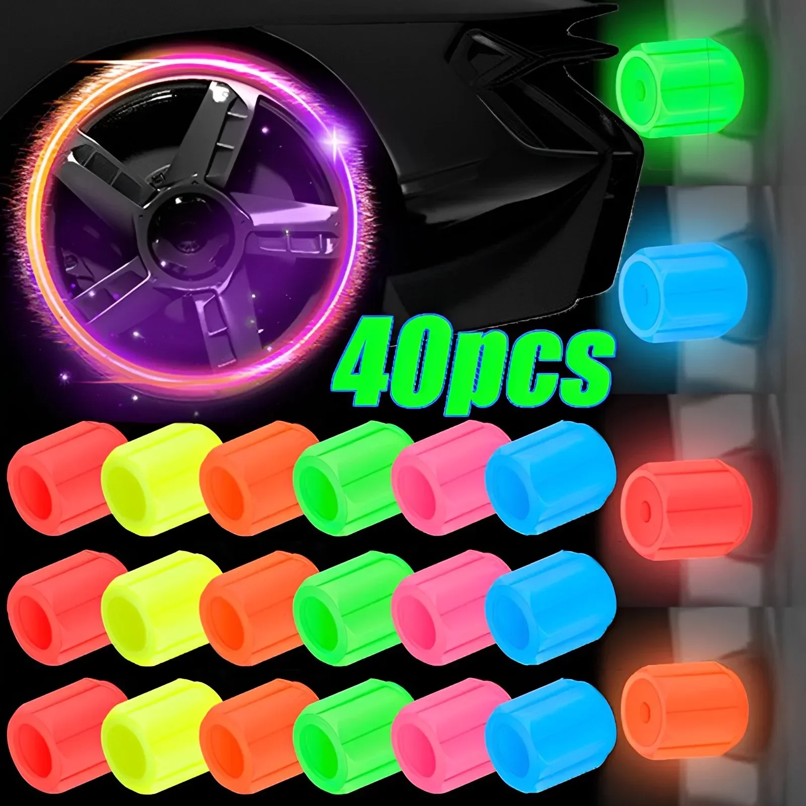 1/40pcs LuminousFluorescent NightGlowing Car Motorcycle Bike TireValveCap WheelNozzle Dustproof Tyre ValveStemCaps Decor