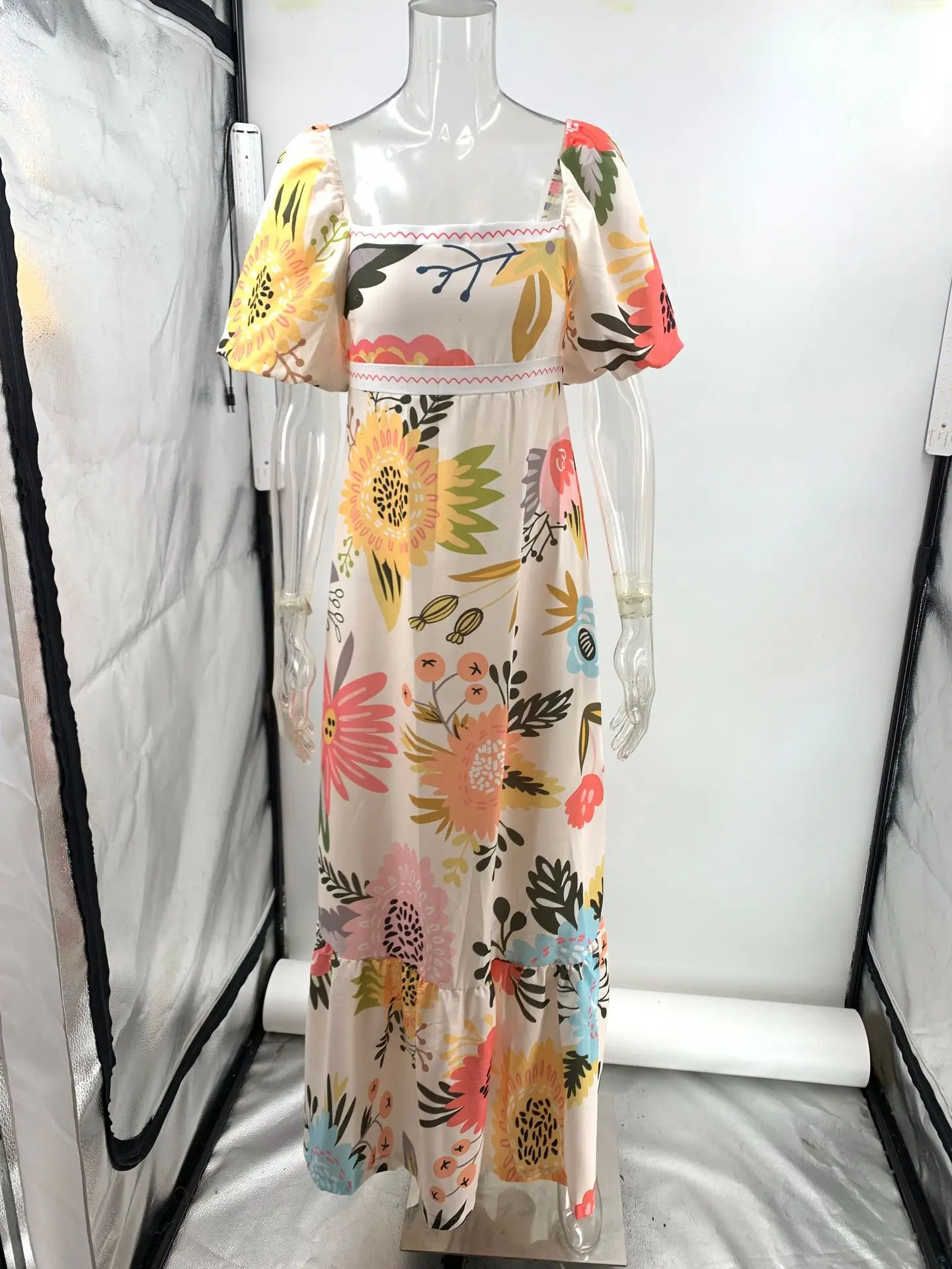 Fashion Square Collar Printed Long Dress Women Elegant Casual Short Puff Sleeved Dresses 2024 Summer Chic Female Vacation Robes