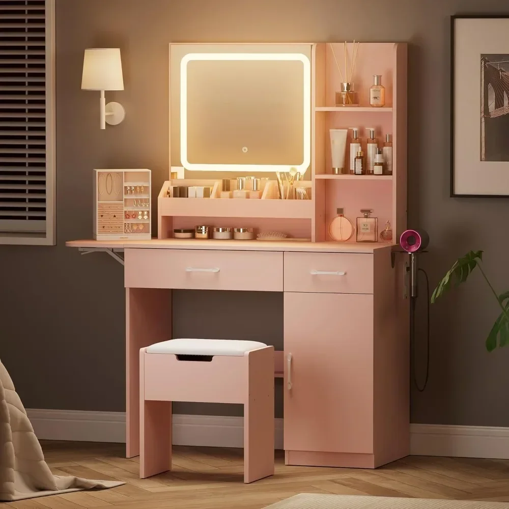 Vanity Desk with Mirror and Light, Makeup Vanity with Power Outlet & Storage Stool,dresser Table with 3 Drawers & 7 Open Shelves