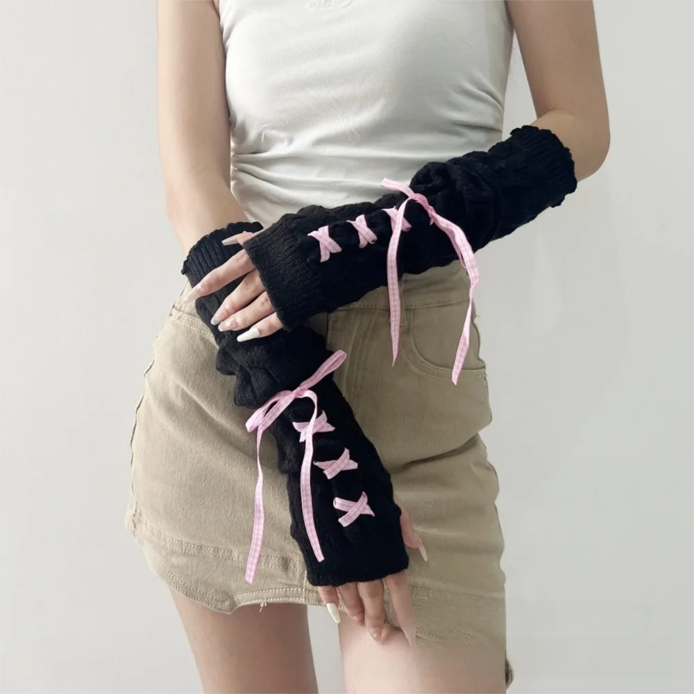 

Fashion Long Arm Warmer Gloves Cold Proof Knitted Warm Arm Sleeve with Ribbon Fingerless Gloves Women