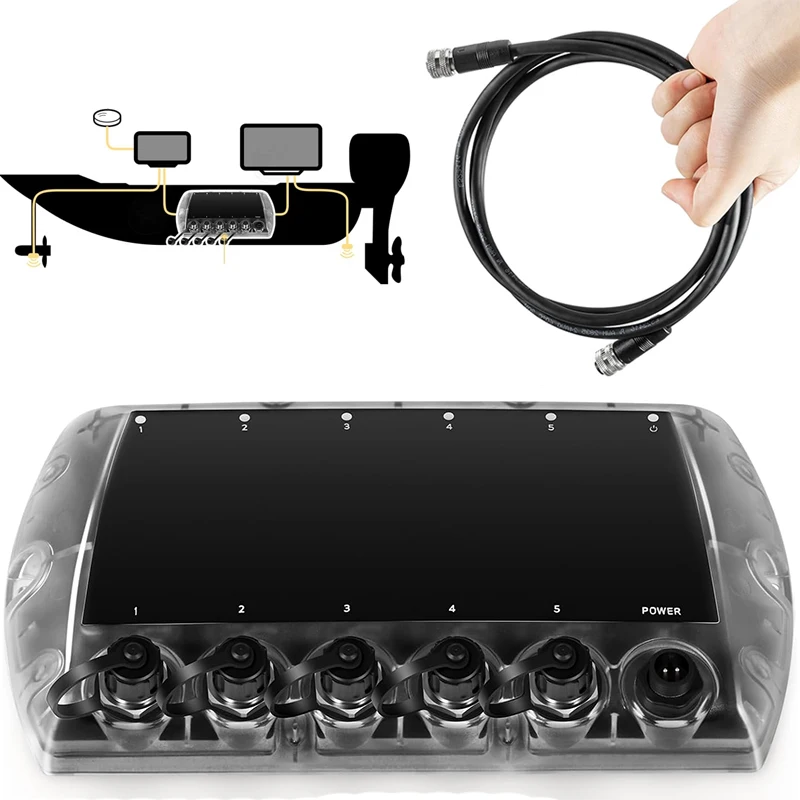 5 Port Ethernet Switch 411850-1 AS ETH 5PGL & 5 Foot Ethernet Cable 720073-6 AS EC 5E for Humminbird, for APEX SOLIX Helix G4N