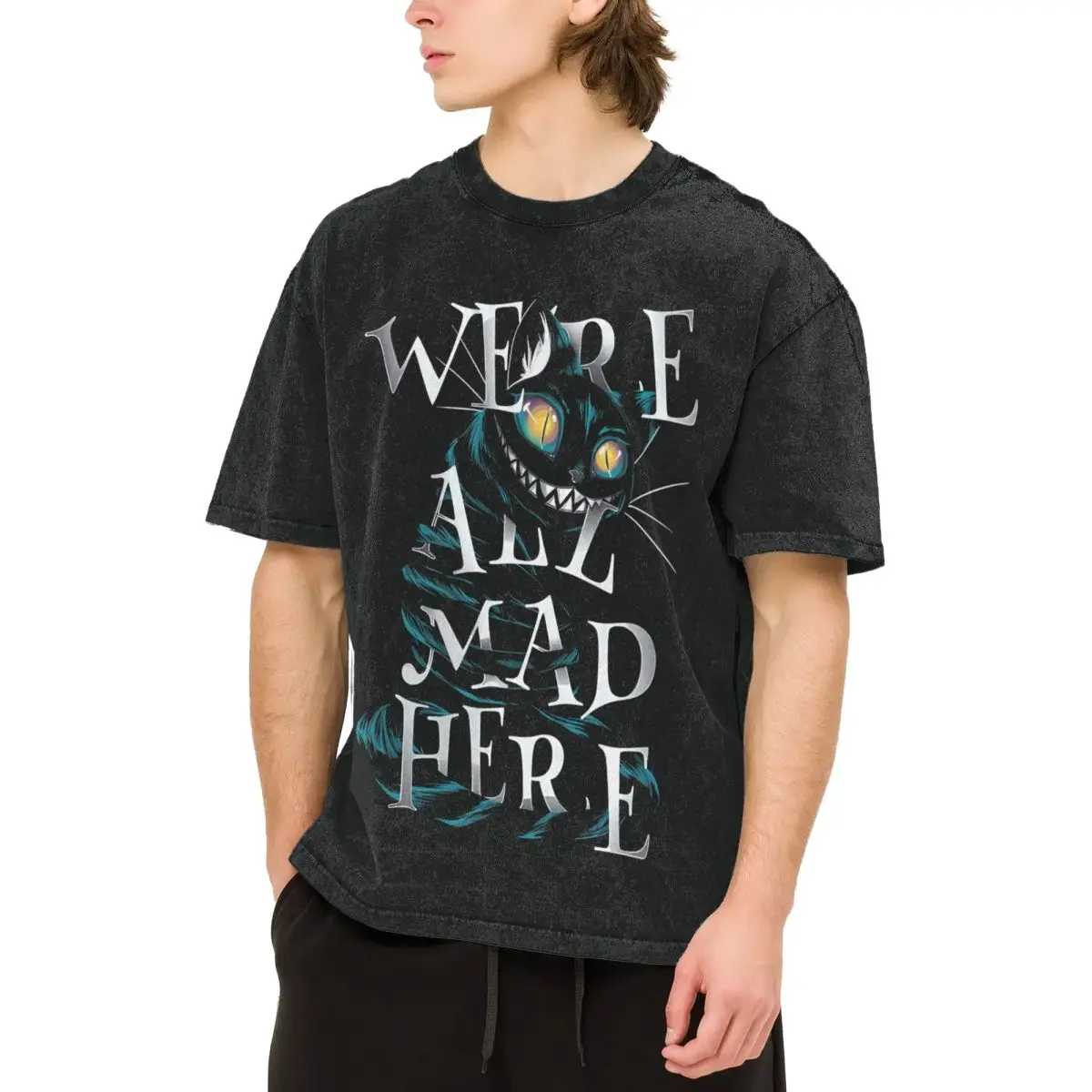Alice In Wonderland Cheshire Cat Woman Men Cotton Washed Hot Stamping Print T-Shirt, Harajuku Y2K Men's Summer Short Sleeve Tees
