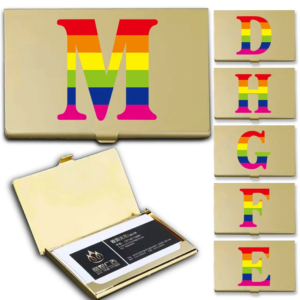 Waterproof Metal Visiting Card Case Travel Office Business Card Organizer Desktop Card Exhibition Holder Rainbow Letter Pattern