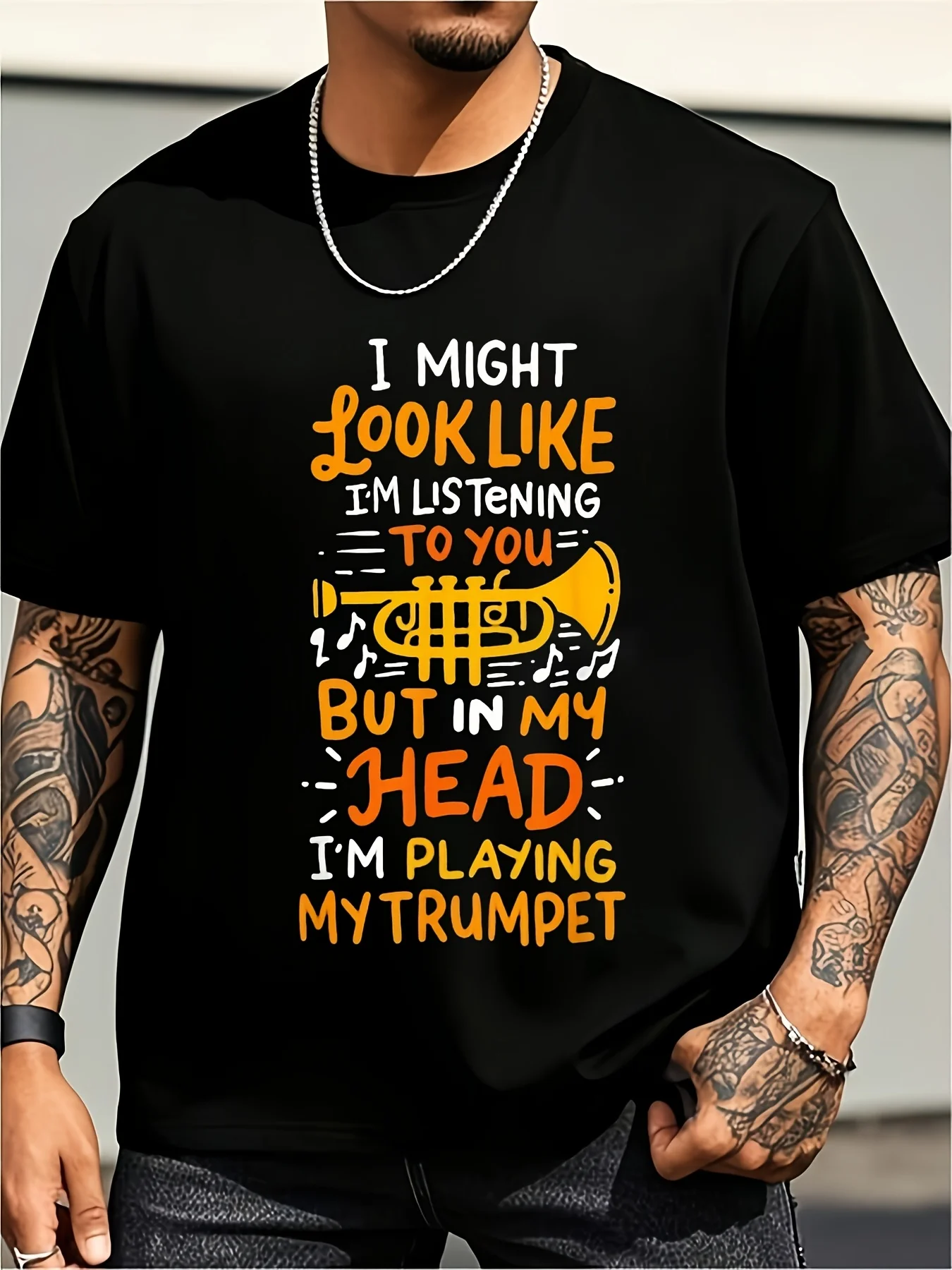 Fun Trombone Accordion Player T-Shirt - I Might Look Like I'M Listening to Music Graphic T-Shirt - Sm Pure Retro Loose Fit Shirt, Suitable for Trombone Accordion Players - Music Unisex Casual Gift, Meplus Size Retro Casual Round Neck Printed T-Shirt Unisex