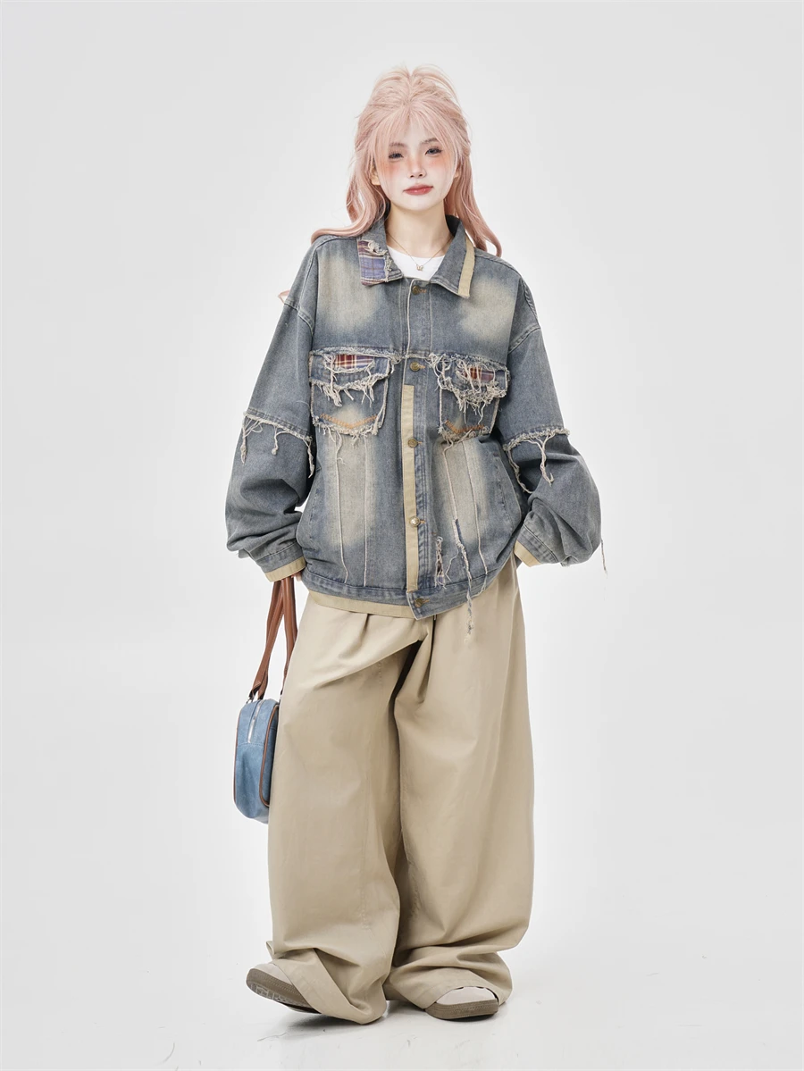 Casual Loose Women's Denim Jacket Spring 2024 Spring Couple Style Turn-down Collar Splicing Embellished Long Sleeve Coat