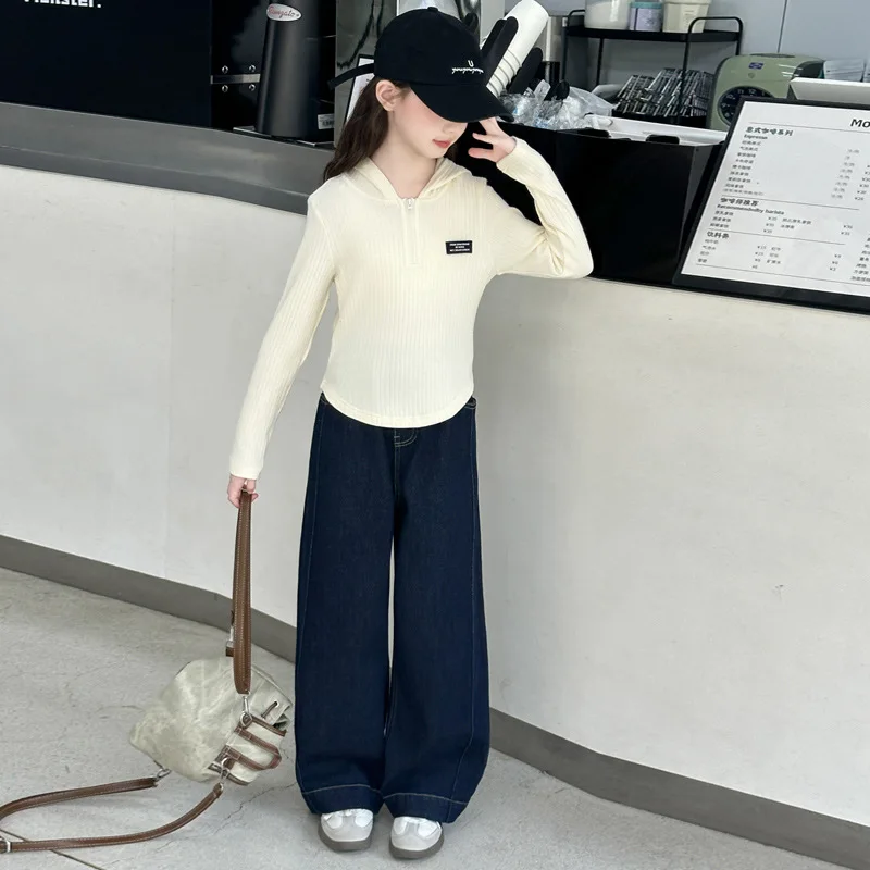 

Korean Autumn Children Girls Sets Long Sleeves Hooded Sweatshirt+Wide Leg Jean 4-14Y Girls 2pcs Outfit Kids Girl Casual Suits