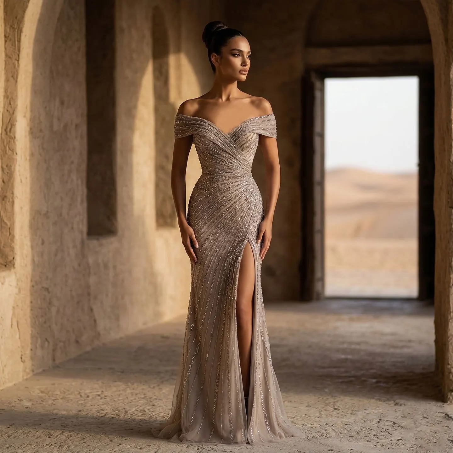 Sharon Said Dubai 2026 Luxury Heavy Beading Champagne Off Shoulder Evening Dress Women Prom Formal Party Gowns SS007 Custom
