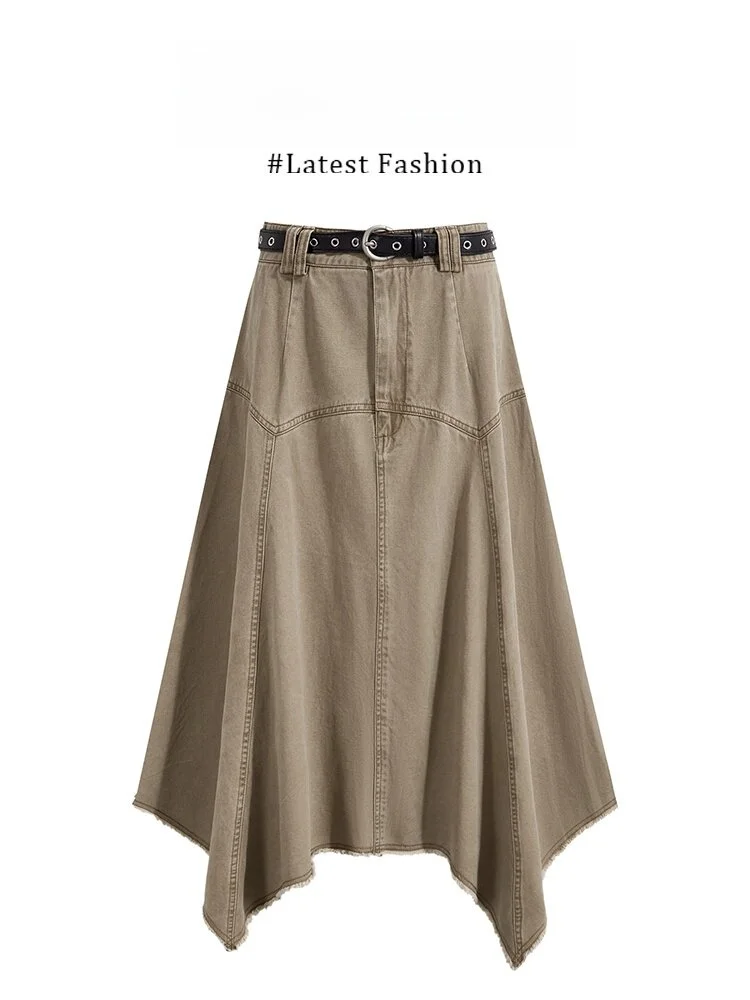 High Waist Asymmetrical Denim  Skirt Women's Summer Slimming Frayed Hem A-Line Long Skirt American Retro Khaki Color