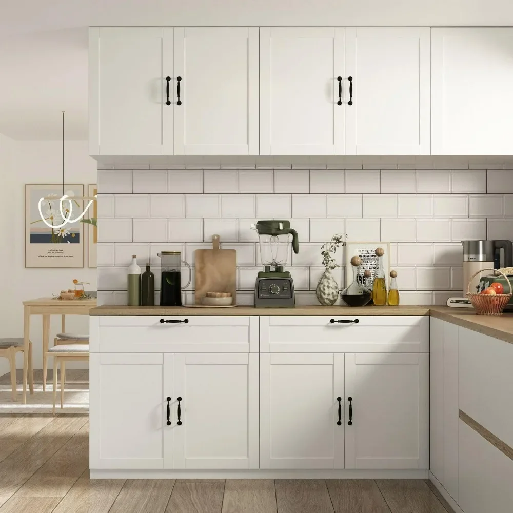 Kitchen Cabinet and Wall Mounted Cabinet with Countertop & 2 Drawers, Wall Kitchen Pantry, Pantry Storage Cabinet with Doors