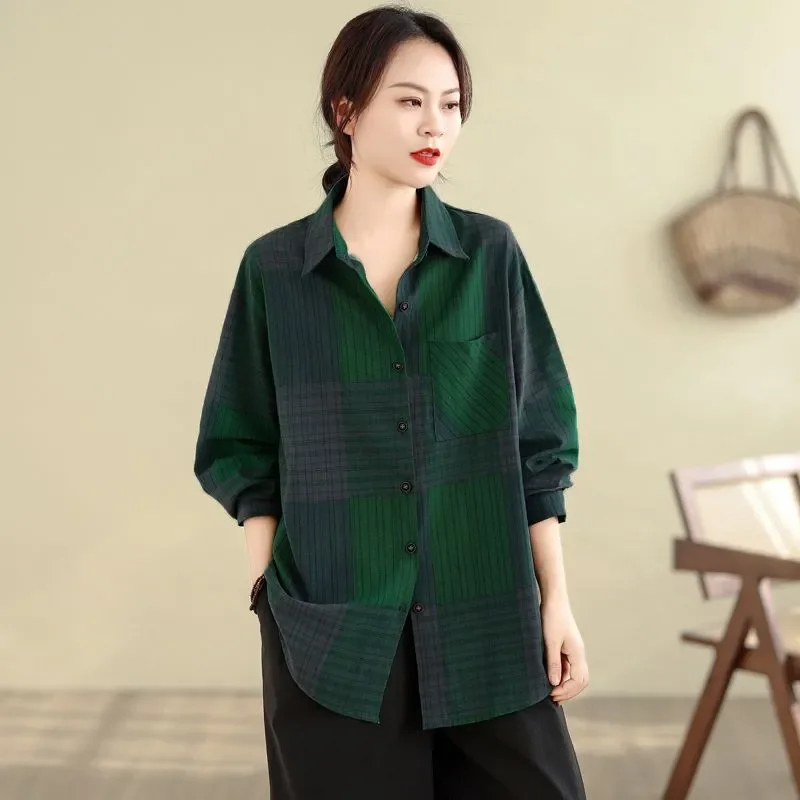 

Womens Casual Loose Cotton Linen Plaid Long Sleeve Shirt Plus Size Button Down Blouse