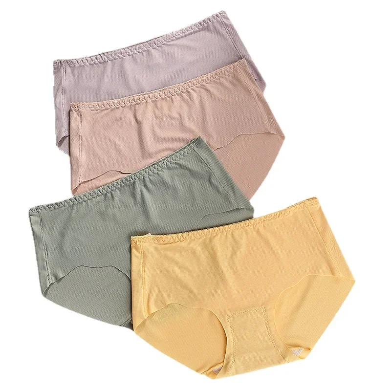 Fashion Ice Silk Women Panties Cozy Breathable Briefs Mid Waist Lingerie Solid Female Underwear Ultra-thin Pink Lady Underpants