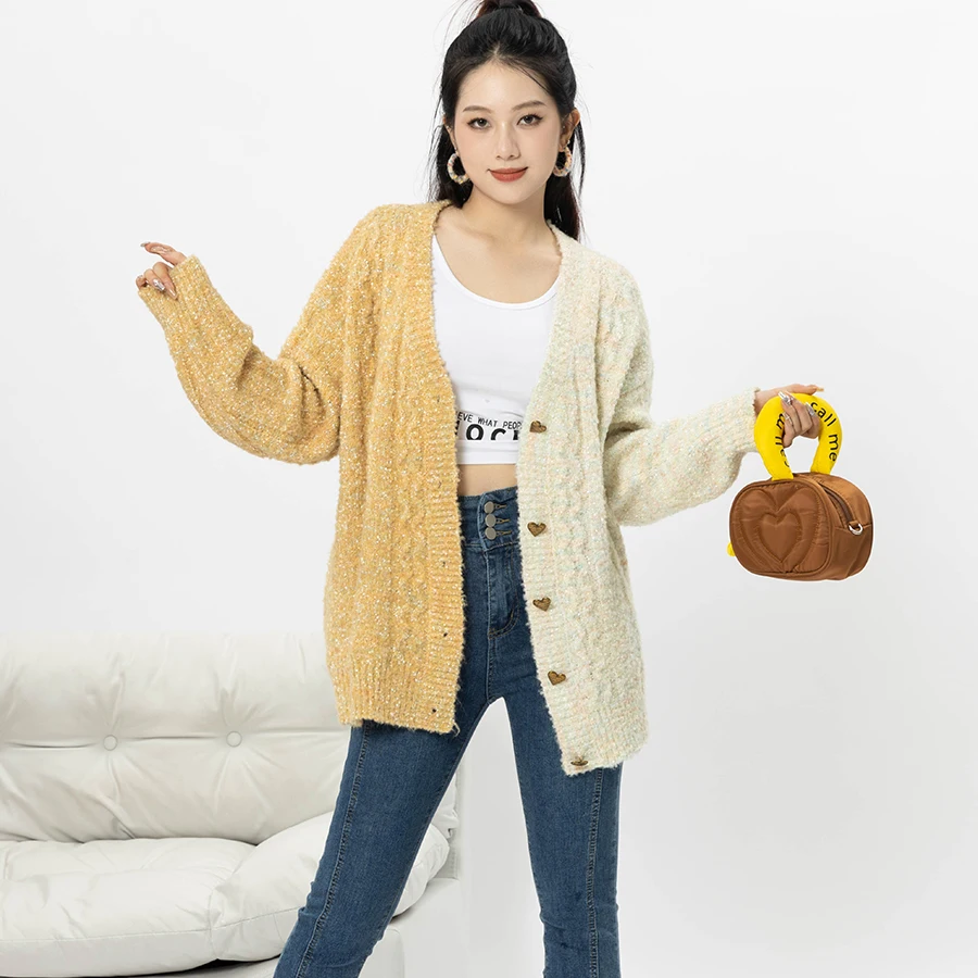 Korean Style Autumn Winter Women Girl Casual Spliced Contrast Color Sweater Coat Colourful Fashion Design Loose Knitted Cardigan