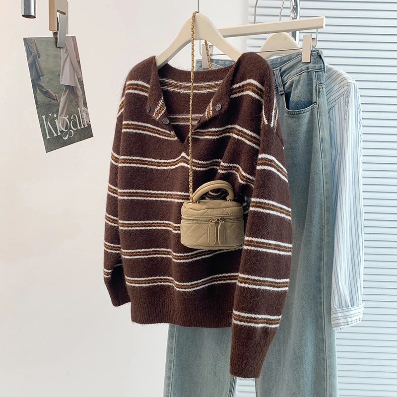 Suéteres de punto para mujer, Jersey informal a rayas, Jersey Retro de otoño-invierno, suéter holgado de gran tamaño Harajuku