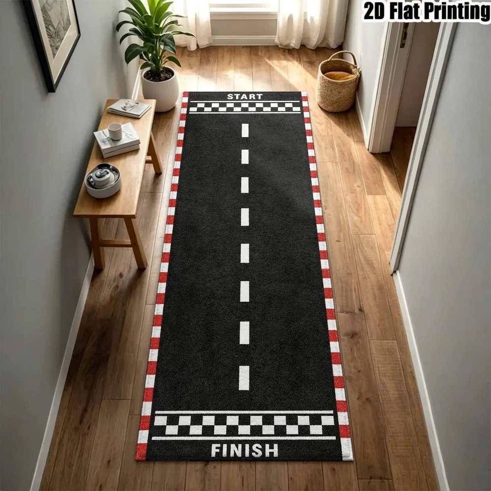 1Pc Racing Track Themed Printed Long Carpet, Black and White Track Pattern Corridor Carpet, Suitable for Kitchen, Bedroom, Foyer, Balcony, Entrance, Bedside, Fun Decoration, Home Soft Decoration