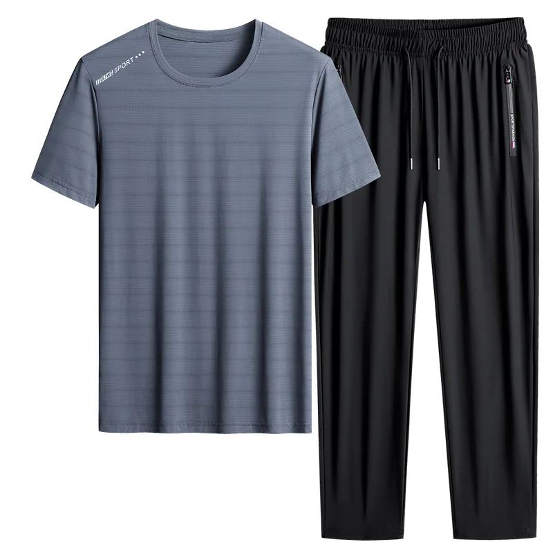 

M-8X Summer Ice Silk Suit T-shirt Men's Short-sleeved Running Sports Suit Quick-drying Casual Two-piece Suit