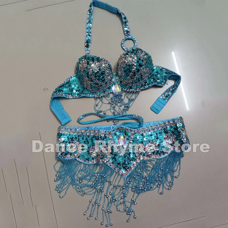 Terno de dança do ventre feminino, de alta qualidade, sutiã + cinto, 2 peças, lantejoulas artesanais, sexy, conjunto de dança oriental, roupa de dança