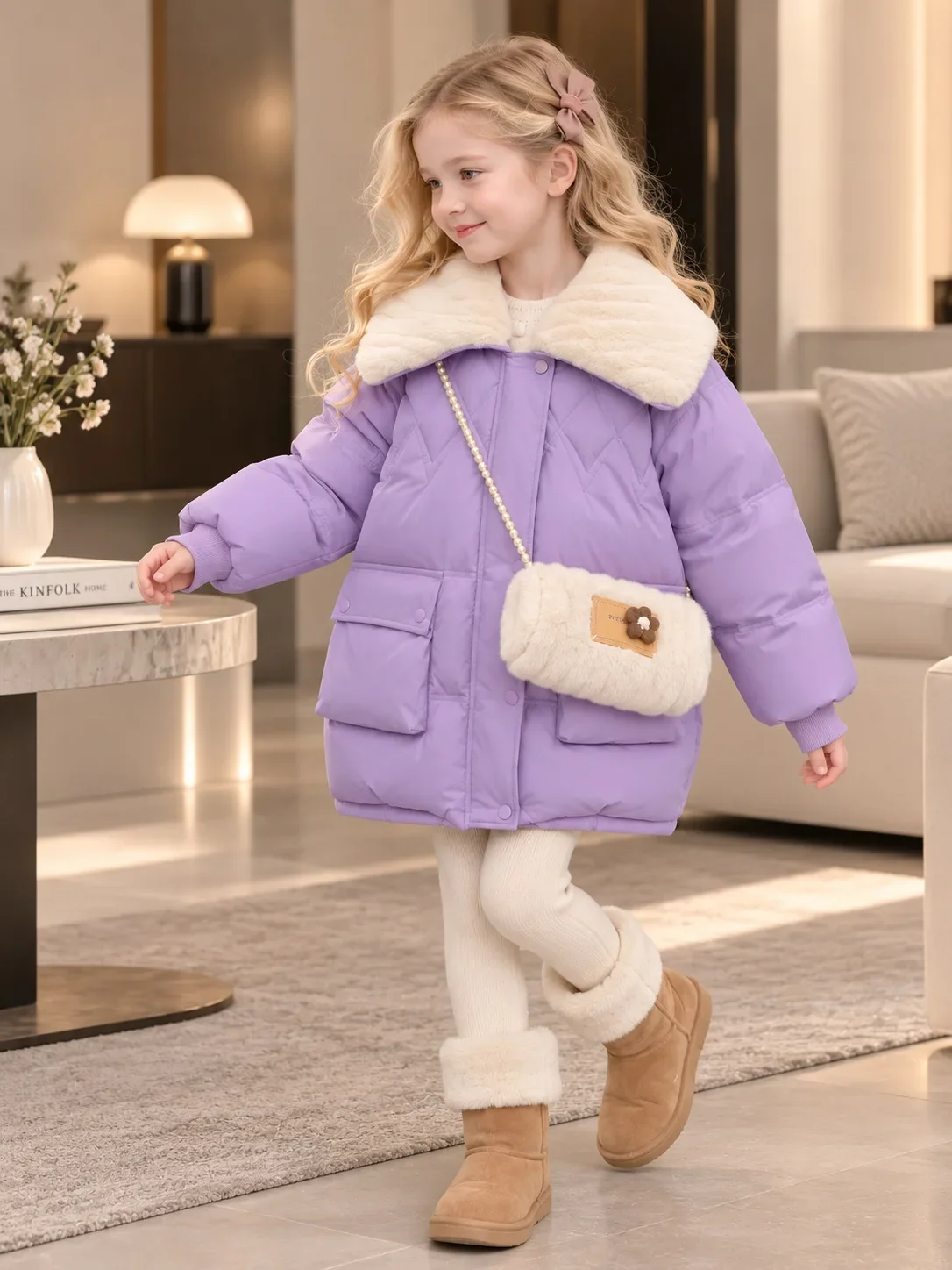 New Children Girls Winter Cotton Coat, Mid-Length Thick Warm Jacket With Matching Small Bag, Cute Fashion Kids Outerwear
