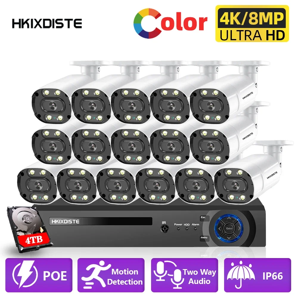 

H.265 CCTV Camera Security System Kit 16CH POE 8MP NVR 4K Outdoor Two-way Audio Video Surveillance System Set IP Bullet Camera