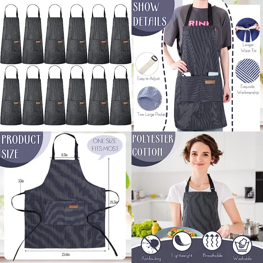 12 Pcs Cotton Aprons for Women Men with Pockets Soft Adjustable Bib Stripe Aprons for Cooking Kitchen Chef