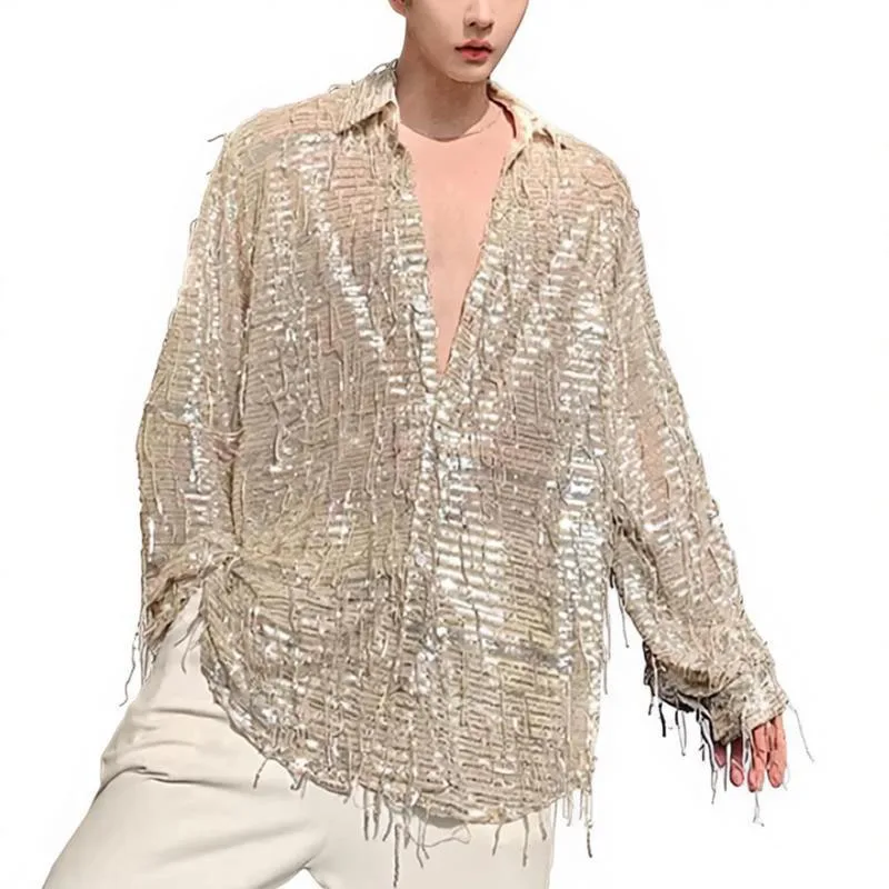 

Korean Oversized Shirt Men's Nightclub Outfit Sequined Fringe Spring Summer Glitter Sexy Long Sleeve Casual Shirts