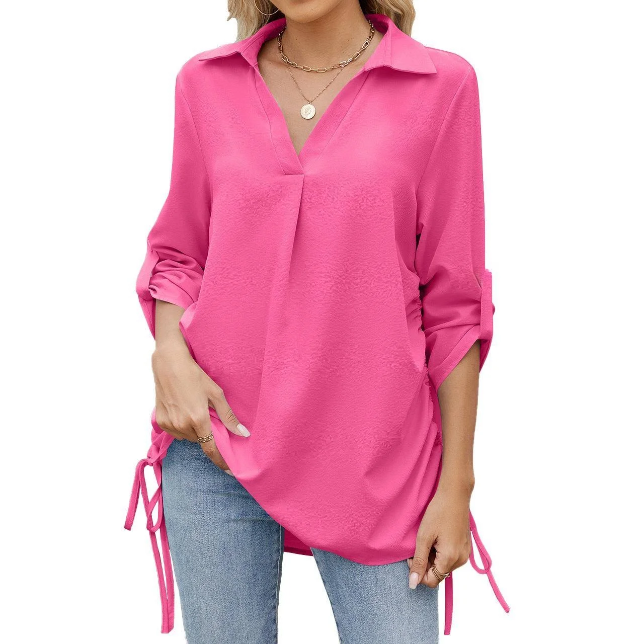 

Loose Midi Sleeve Shirt Collar Pure Color Women's Fashion Spring Summer New Style Chiffon Top Polyester Fiber Knitted Dress